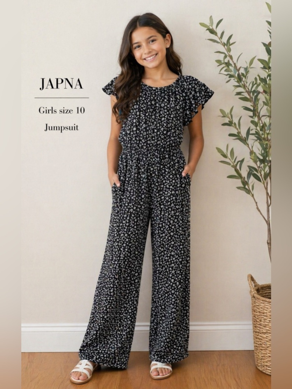 Japna Girls Black Floral Wide Leg casual girls fashion Jumpsuit Size 10